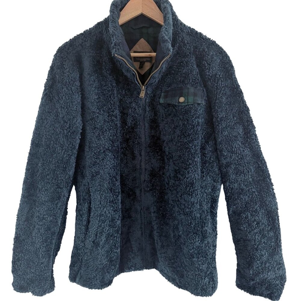 Pendleton Sherpa‎ Fleece Jacket XL Navy Blue Zip Front Plaid Trim Cozy Soft Warm